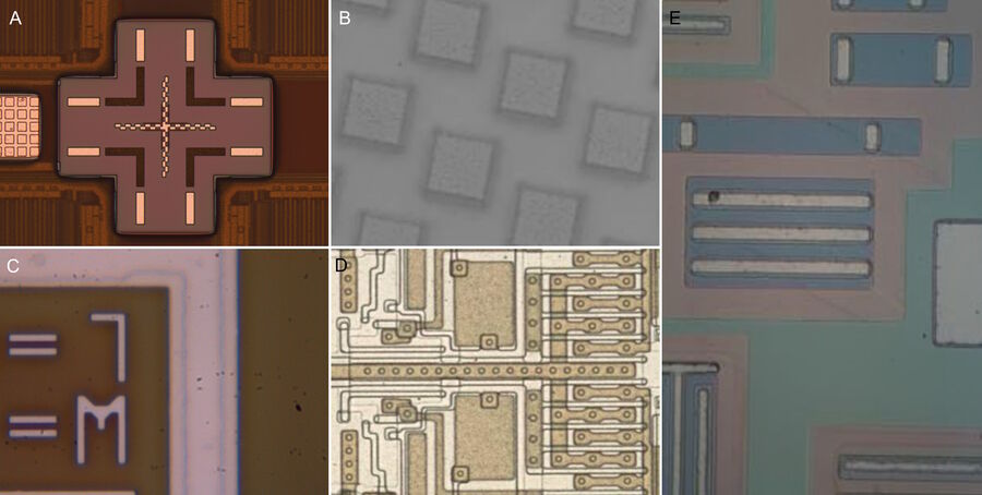 Figure 2: Optical microscope images of wafers at higher magnification (20x plan fluotar or 150x pl apo objective) taken with BF illumination to search for defects, particles, and contamination (compare with figures 3-5): A) center of the whole square in figure 1 (20x); B) flip-chip montage with bumps (150x); C) processed wafer (150x); D) IC-patterned wafer (20x); and E) patterned wafer with contamination.