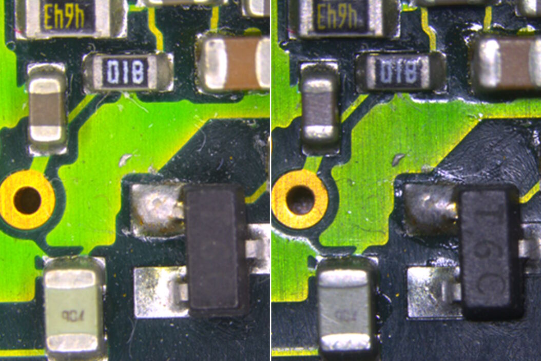 [Translate to chinese:] Inspection microscope image of a printed circuit board (PCB) taken with a ring light (RL) and near vertical illumination (NVI). PCB_taken_with_a_ring_light_and_near_vertical_illumination.jpg
