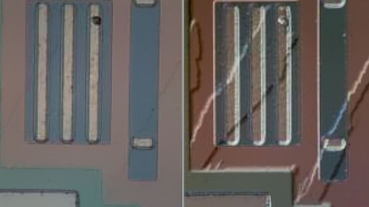 [Translate to chinese:] Images of the same area of a processed wafer taken with standard (left) and oblique (right) brightfield illumination using a Leica compound microscope. The defect on the wafer surface is clearly more visible with oblique illumination.