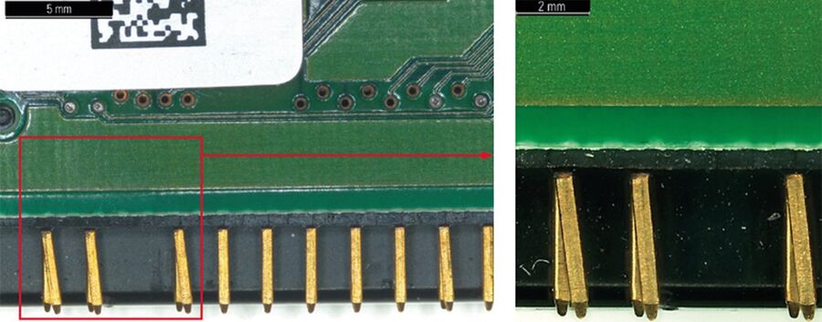 Vue de dessous d’un circuit imprimé montrant les broches d’un connecteur 