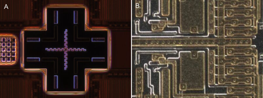 图 3：在 DF 照明下获得的更高倍率（20 倍 pl fluotar 物镜）晶圆光学显微镜图像（与图 2 和图 4-5 比较）： A) 图 1 中整个正方形的中心，B) 已刻蚀的集成电路。
