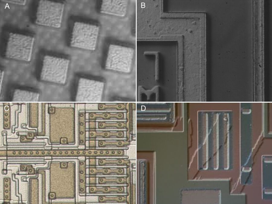 Figure 6: Optical microscope images of wafers taken with oblique UV (OUV) and BF (OBF) illumination (compare with figures 2-5): A) a flip-chip montage with bumps (OUV and 150x pl apo objective); B) a processed wafer (OUV and 150x objective); C) an IC-patterned wafer (OBF and 20x pl fluotar objective), and D) patterned wafer with residue (OBF).