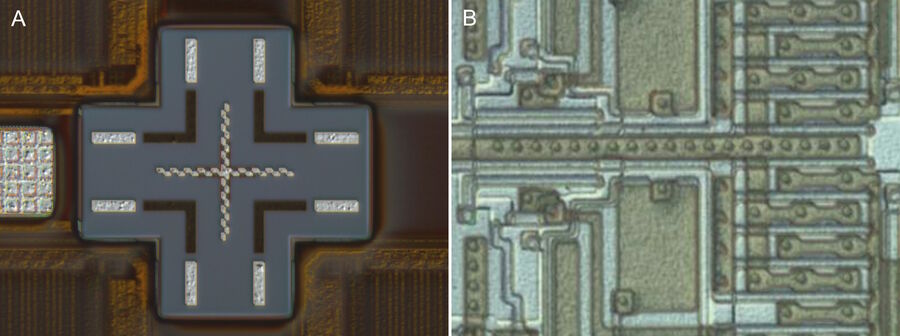 Figure 4: Optical microscope images of wafers at higher magnification (20x pl fluotar objective) taken with DIC illumination (compare with figures 2-3 and 5): A) center of the whole square in figure 1 and B) IC-patterned wafer.