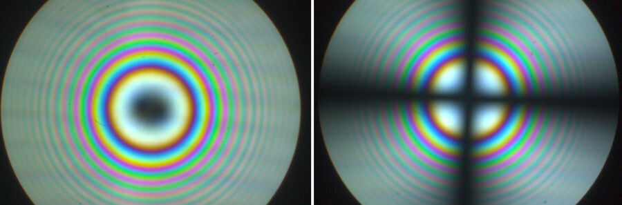 左：方解石的圆偏振光圆锥镜图像。利用圆偏振可以清楚地确定光轴的位置。右：同一方解石样本的线偏振光圆锥镜图像。方解石剖面垂直于光轴。DM4 P显微镜使用透射光、圆锥镜、63xN平面物镜和偏光镜的成像效果