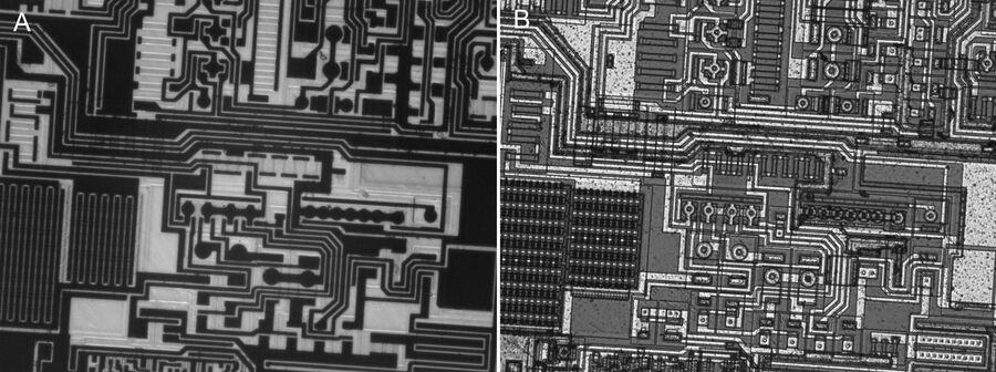 Figure 7: Optical microscope images of a Si wafer (10x pl fluotar objective) taken with A) IR and B) BF illumination. In the IR image sub-surface structures can be seen.