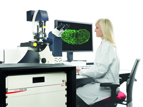 Microscópio confocal Leica TCS STED CW para geração de imagem de célula viva abaixo do limiar de difração