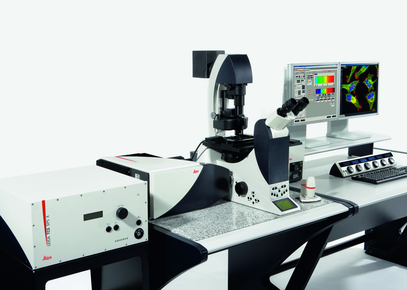 O confocal Leica TCS SP5 X de ‘laser de luz branca’ pode excitar os atuais e futuros corantes com detecção espectral ideal. 