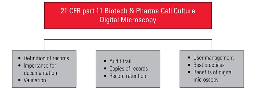 Fig. 1: Diagram illustrating an overview of the basic steps of the 21 CFR part 11 guidelines for electronic records and signatures concerning cell culture in the biotechnology and pharmaceutical industries and the use of digital microscopy.
