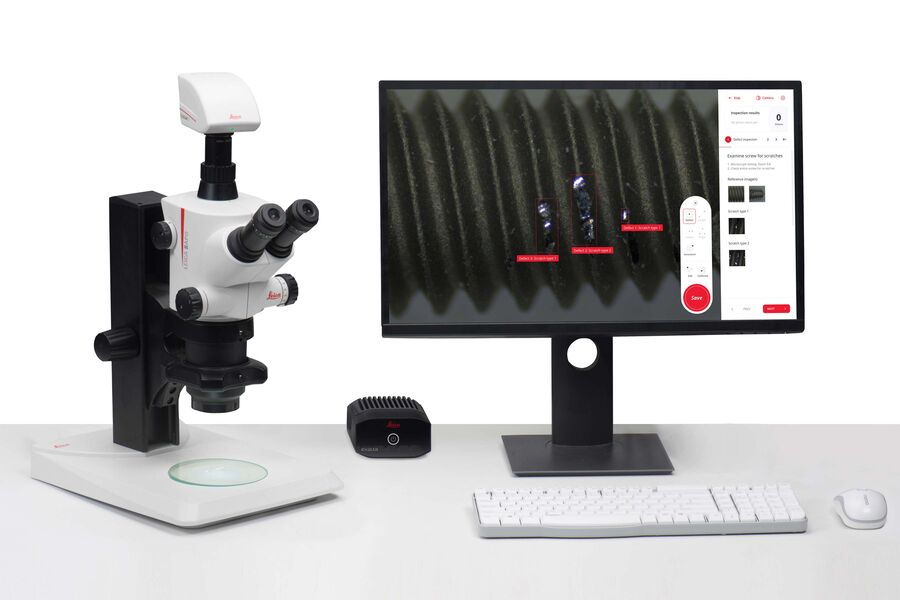 S APO Greenough Stereomikroskop mit der FLEXACAM C1 Mikroskopkamera und Exalta Smart-Gerät für rückverfolgbare Mikroskopie.