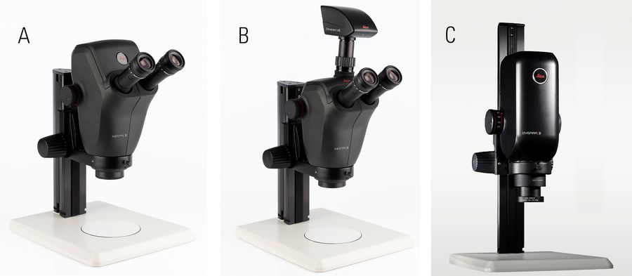 Leica microscopes which offer digital imaging capabilities: A) Ivesta 3 (Integrated camera) microscope, B) Ivesta 3 (C-mount) microscope with a Flexacam c5 microscope camera, and C) Emspira 3 digital microscope.