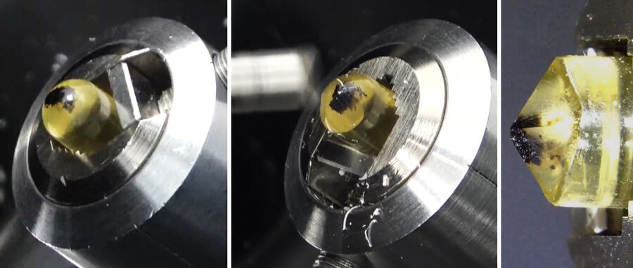 Figure 2: Sample block coarse trimming using the milling device EM RAPID. Left: Sample bean before trimming. Center: During milling of the second sector. Right: The final pretrimmed sample.