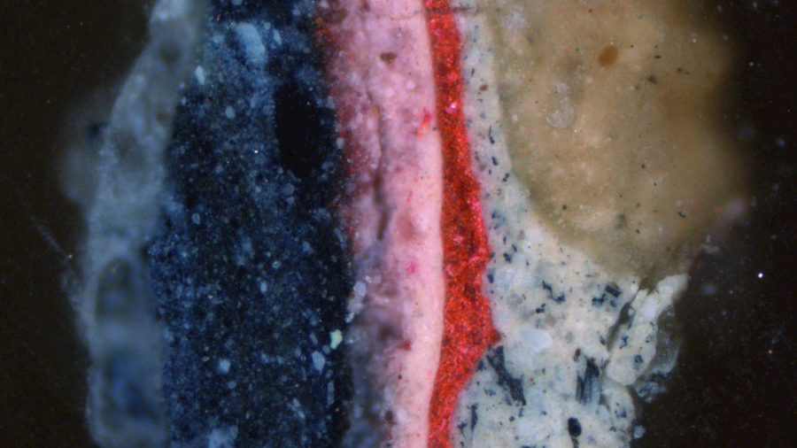Microscopic image of a cross-section from “The Ferry Boat to Antwerp” (magnification 100x) reveals details of the painting process. © Statens Museum for Kunst, Copenhagen