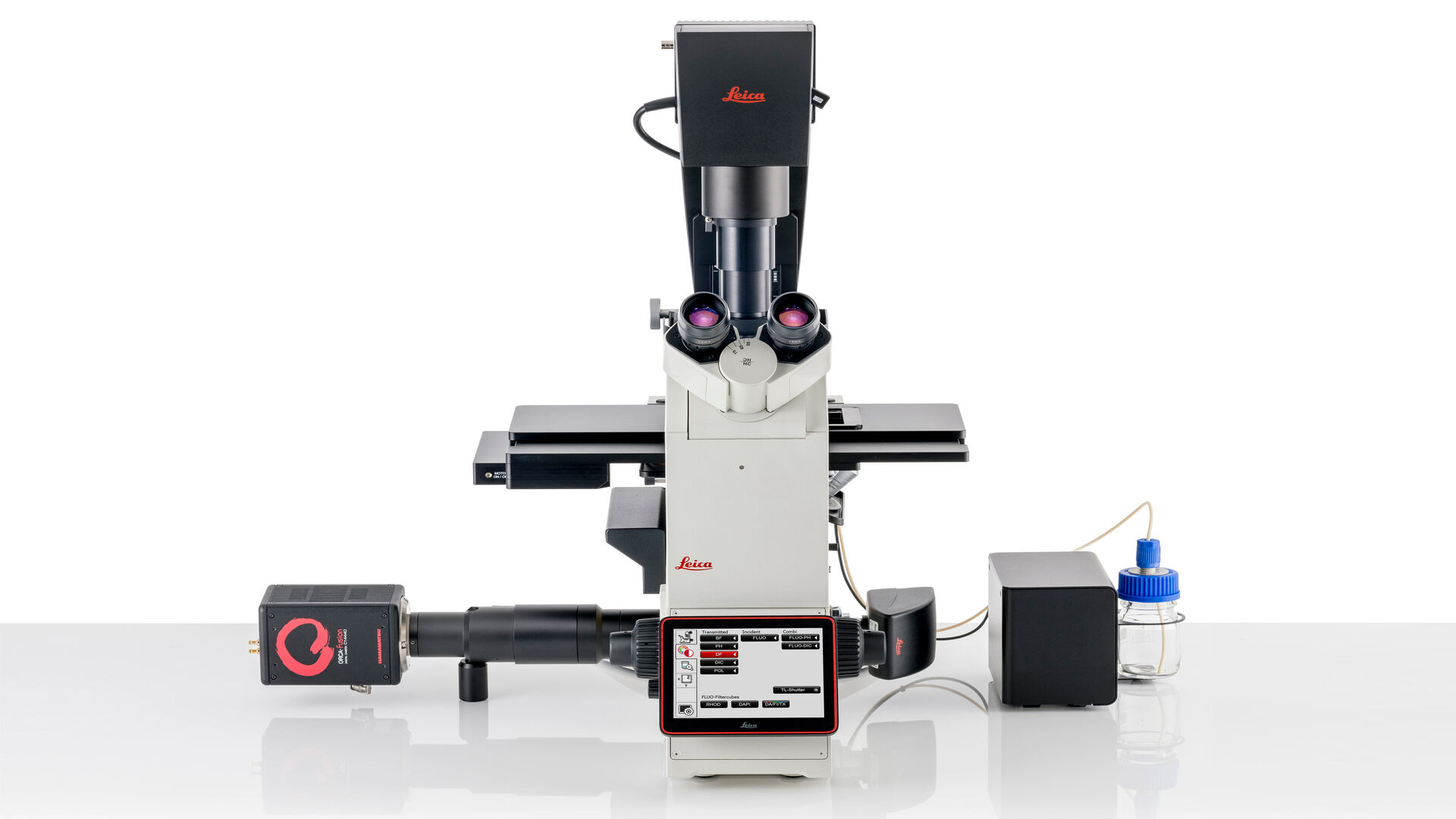 Inverted microscope DMi8 with 2 microscope cameras connected to it as well as auto immersion