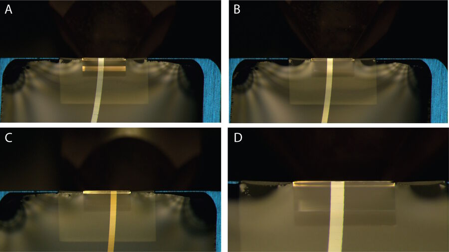 Figure 2: Panels A, B, and C present section ribbons obtained using feed settings of 50 nm, 70 nm, and 100 nm, respectively. Panel D shows a zoomed-in view of the section ribbon depicted in panel B.