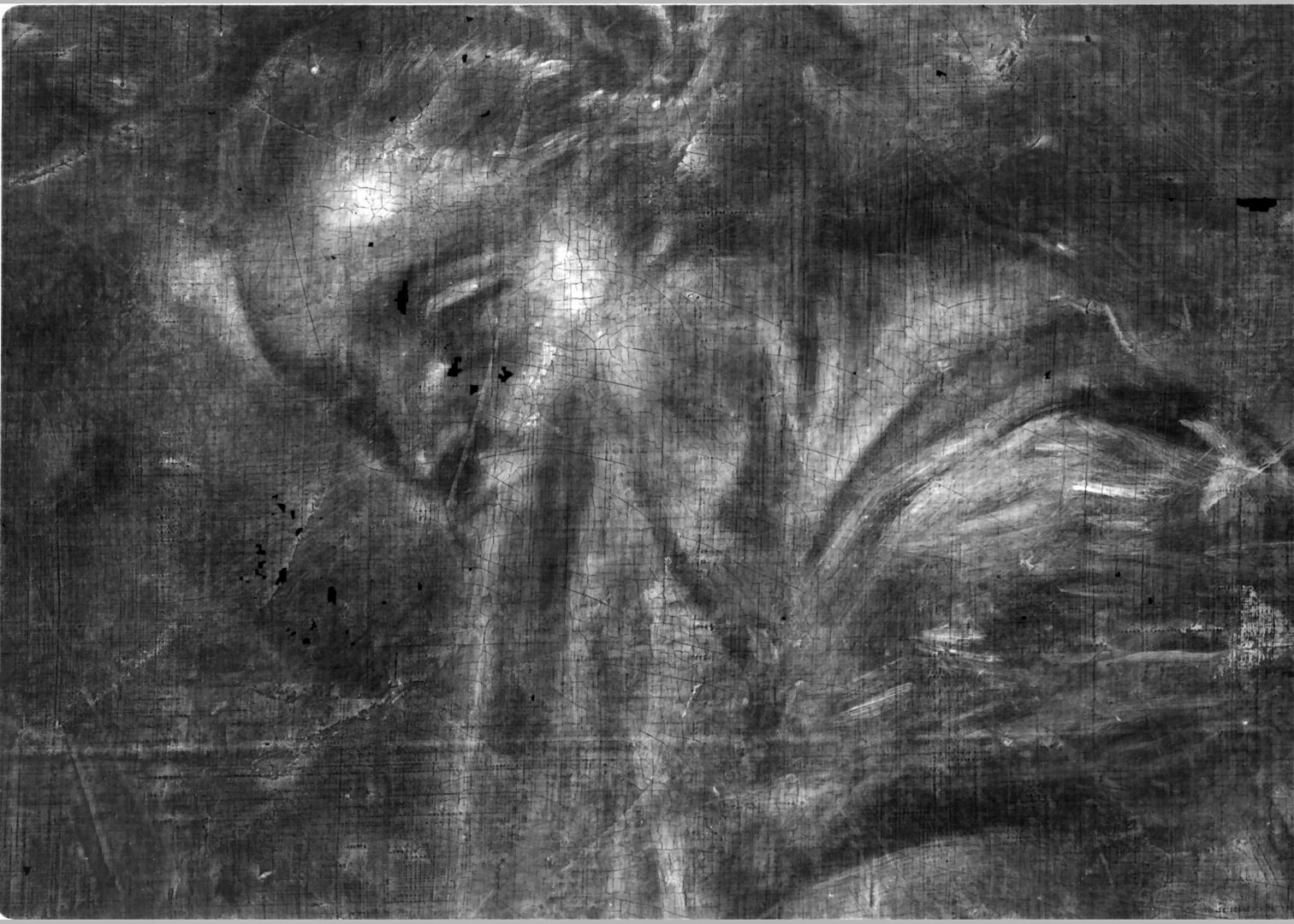 X-radiograph (detail) with the revealed head of a woman painted over.