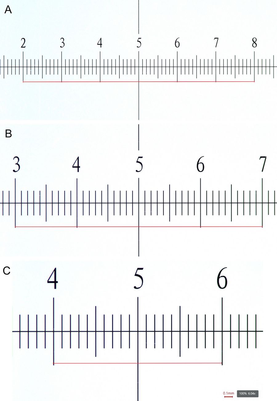 Calibration with the same stage micrometer at various magnification values.