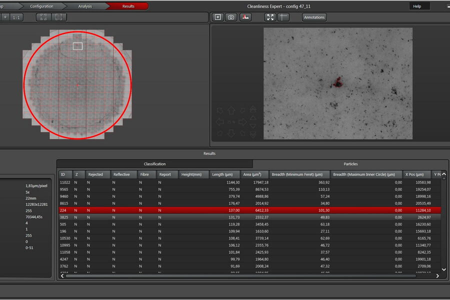 Analysis of particles on a filter which were extracted from a fluid for the purposes of cleanliness inspection.