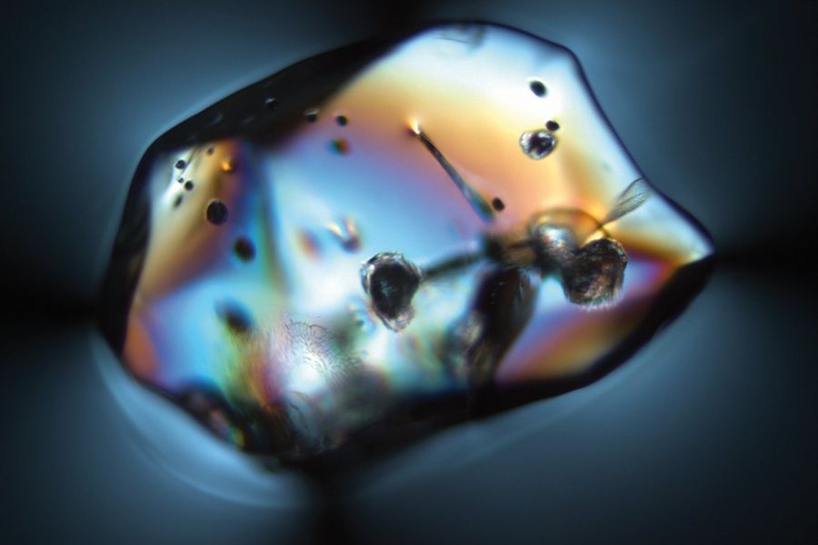 Primary corundum which has numerous inclusions. Yet another example of a glass inclusion with strong photoelasticity in the surrounding glass. Image acquired with transmitted light, polarisation contrast, and a HC PL Fluotar 10x Pol objective. The image width is 1 mm.