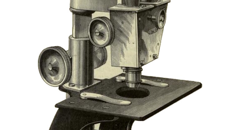 A portion of an early binocular microscope developed by John Leonhard Riddel in the early 1850s. A portion of an early binocular microscope developed by John Leonhard Riddel in the early 1850s.