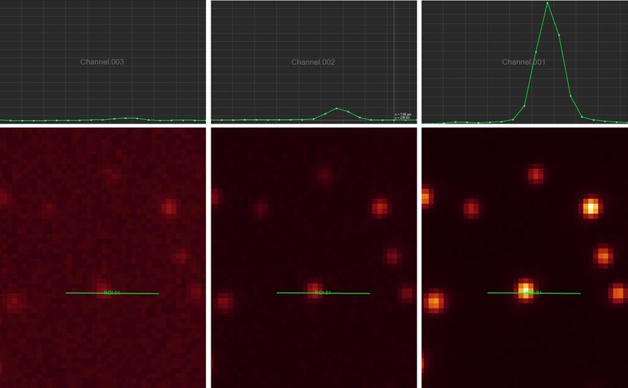 Figure 16: Signal-to-noise ratio (SNR): The images above show the same object with increasing SNR. Left) it is hard to discriminate between the real signal and background. Middle) this image shows an improved SNR. Right) the best SNR is seen here. The SNR can also be interpreted from the graphs above where pixel intensity was measured along the green lines. Whereas the peak in the left image is barely above the background noise, the peak on the right can be discriminated easily from the background.