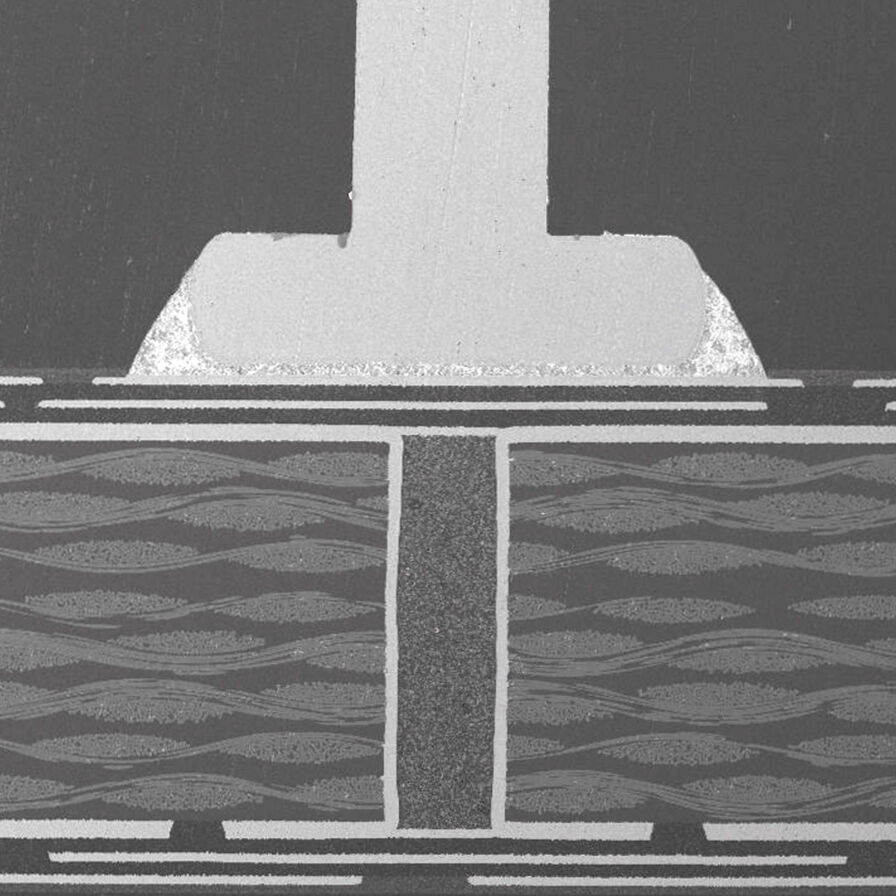 PCB cross section, prepared with a Leica target preparation system, showing a soldered pin.