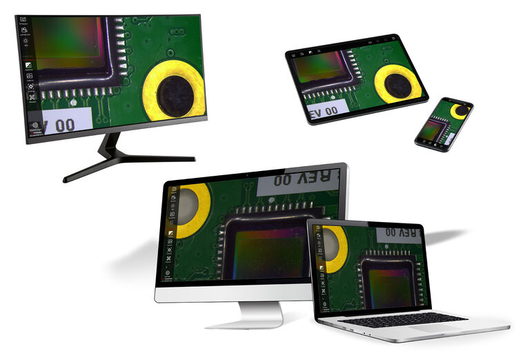 A interface do software Enersight pode ser usada em vários modos de operação, como exibição na tela, em dispositivos móveis ou no computador.