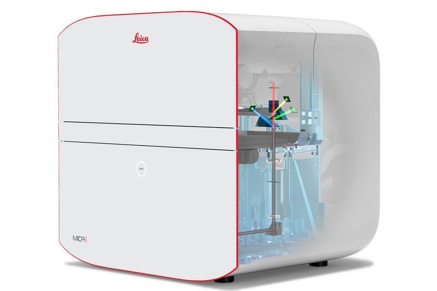 A semitransparent view into Mica, showing the widefield emission light path. Within the detector, the emission is split into different parts of the spectrum.