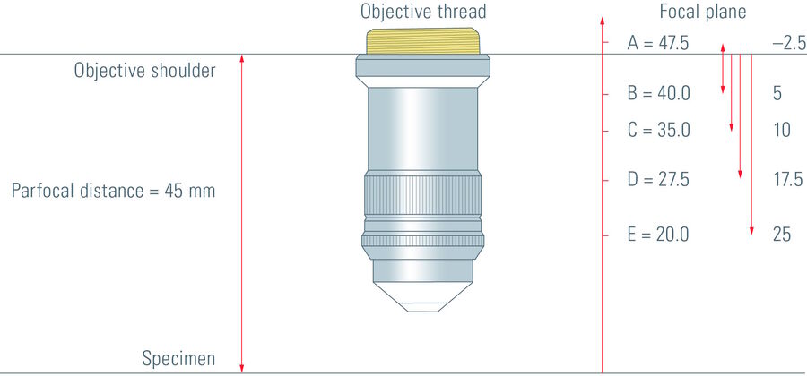 Leica objectives are defined by fixed focal planes. Due to their use in inverted microscopes and due to fixed magnification steps of 5x-63x, it was possible to reduce the number of modulation planes to two pupil positions.