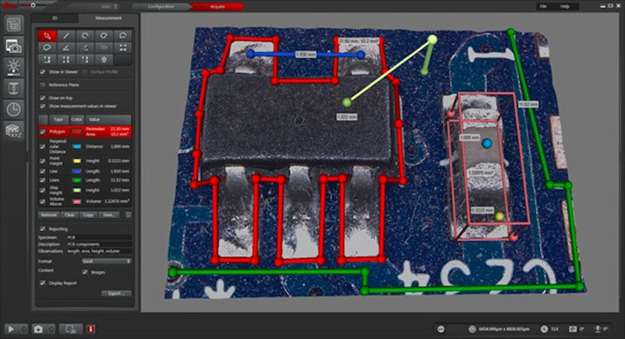 Abbildung 11: 3D-Bild des Leiterplattenbereichs, wie oben in Abbildung 10 dargestellt. Abmessungen von Fläche, Volumen, Stufenhöhe, Länge usw. durchgeführt. Ein Bericht wird als Excel-Datei erstellt, indem Sie auf „Exportieren“ klicken (mit gelbem Kästchen markiert).