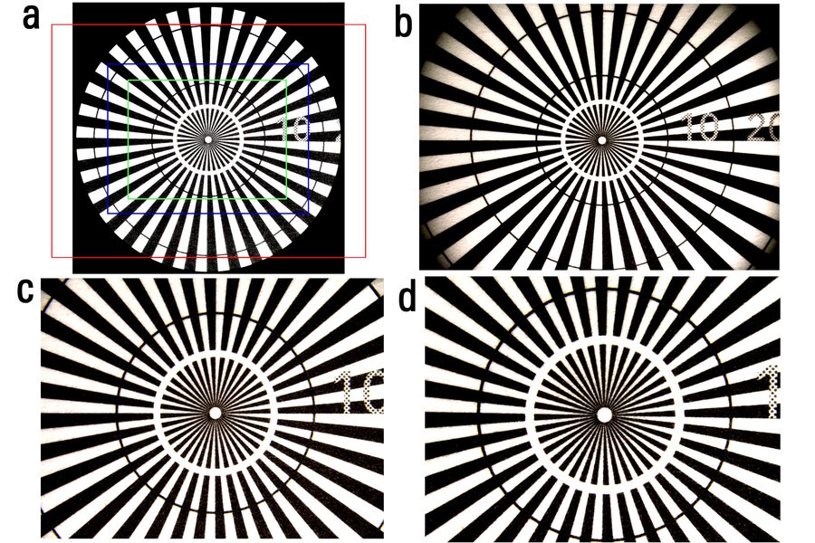 Figure 4: Images of a Siemens star taken with a M205 A stereo microscope having a total objective and zoom lens magnification (Mo × q) of 1x. The 1st black line circle has a 10 mm diameter and the 2nd a 20 mm diameter (seen in 4a and 4b). Images are a) photographed through a 10x eyepiece with 23 mm FN and recorded using a Leica digital camera installed with a Leica C-mount (magnification with photographic projection lens from tube to camera sensor): b) 0.32x and 27.2 x 20.3 mm OF; c) 0.5x and 17.4 x 13 mm OF; and d) 0.63x and 13.8 x 10.3 mm OF. The red rectangle in 4a represents the OF of 4b (0.32x C-mount), the blue the OF of 4c (0.5x C-mount), and the green the OF of 4d (0.63x C-mount).