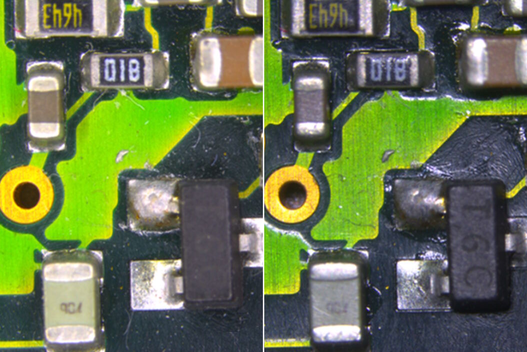 Inspection microscope image of a printed circuit board (PCB) taken with a ring light (RL) and near vertical illumination (NVI). PCB_taken_with_a_ring_light_and_near_vertical_illumination.jpg