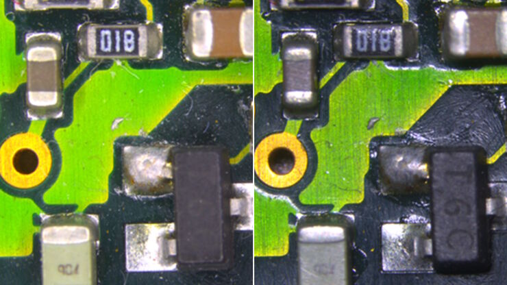 Inspection microscope image of a printed circuit board (PCB) taken with a ring light (RL) and near vertical illumination (NVI).