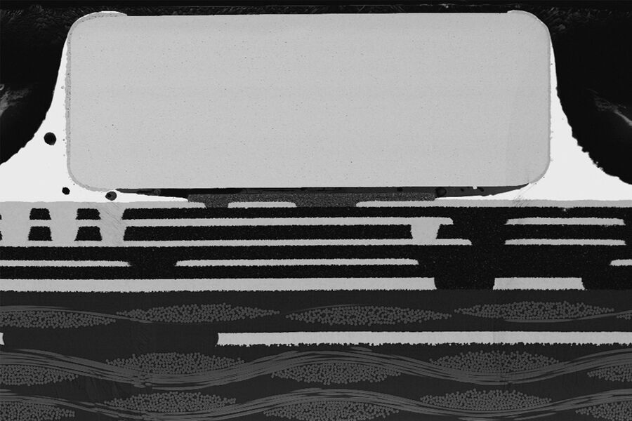 Cross section of a chip capacitor on a package substrate, where single layers of Cu and Ni are clearly visible, prepared with a Leica ion-beam milling system.