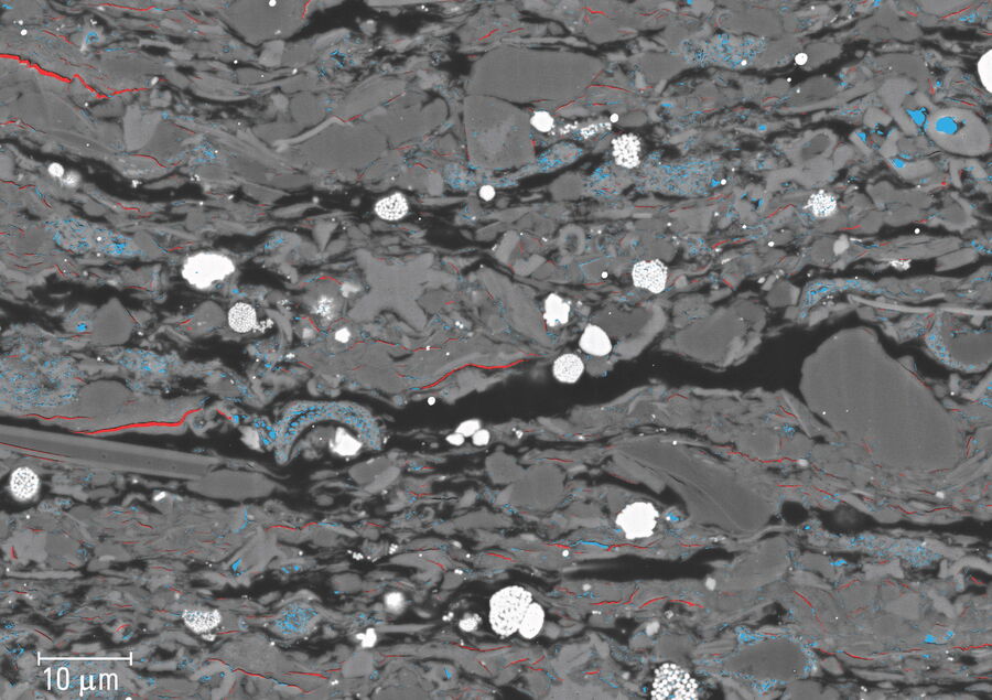 High resolution BSE map of shale where segmented pores are indicated with the color cyan and identified cracks with the color red.