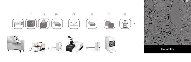 (1) Congelación por alta presión (EM ICE) |(2)- (3) Corte y seccionamiento transversal (EM VCM) |(4) Transferencia (EM VCT500) |(5) Fresado por haz de iones (EM TIC 3X) |(6) Transferencia (EM VCT500) |(7) Recubrimiento (EM ACE600) |(8) Análisis Cryo-SEM