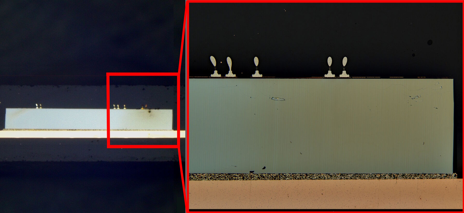 Optical microscope images of the cross section of an IC chip: Left) low magnification overview and Right) higher magnification view of the area of interest (marked with the red box). More details of the wire bonding and layers in the chip are seen at higher magnification.