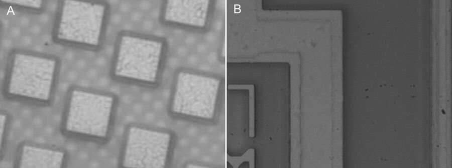 Figure 5: Optical microscope images of wafers at higher magnification (150x pl apo objective) acquired with UV illumination (compare with figures 2-4): A) a flip-chip montage with bumps and B) a processed wafer.