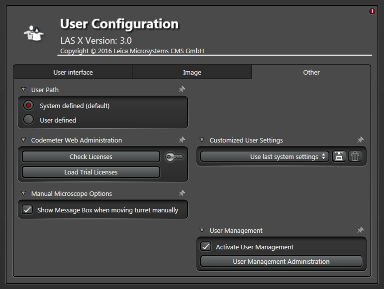 User configuration of LAS X software platform