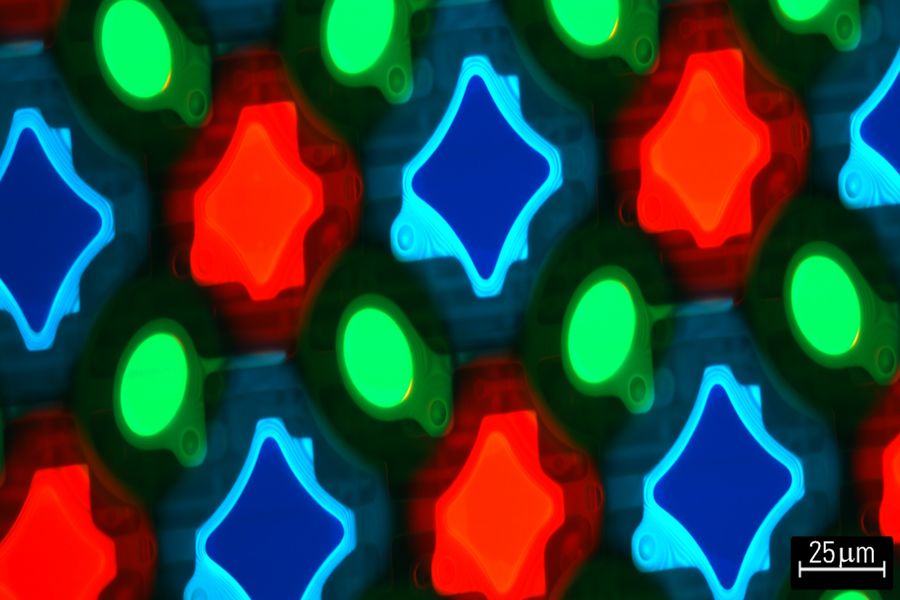 Optical microscope image of an RGB pixel array in an OLED display. The pixels can be inspected in terms of their emission colors.