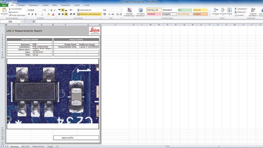 Abbildung 12: Erstellter Bericht aus Messungen: Zusammenfassungsregisterkarte der Excel-Datei mit der ersten Seite des Berichts mit 2D-Bild des PCBA-Bereichs.