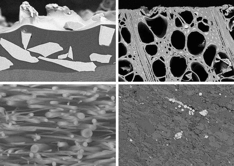 [Translate to italian:] 1: Cross section of SiC abrasive paper l 2: Cross section of veneer l 3: Coaxial polymer fiber (water soluble) prepared at -120°C l 4: Oil shale (nano pores), revealed with the EM TIC 3X (rotary stage) total sample size Ø 25 mm