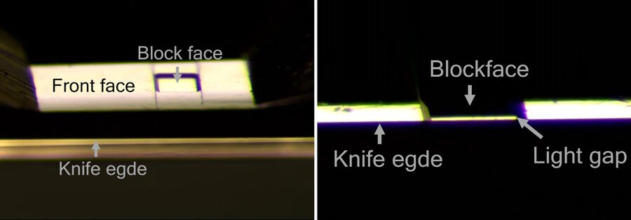 Figure 4: Reflection of the backside of the knife on the block face. Left: Overview, the light from below is reflected by the backside of the knife and is illuminating almost the complete front face including the target block face. Right: Approaching the block face with the knife, the reflection on the block face becomes a small stripe, called the light gap. The light gap serves as indicator for the orientation between knife and block face.