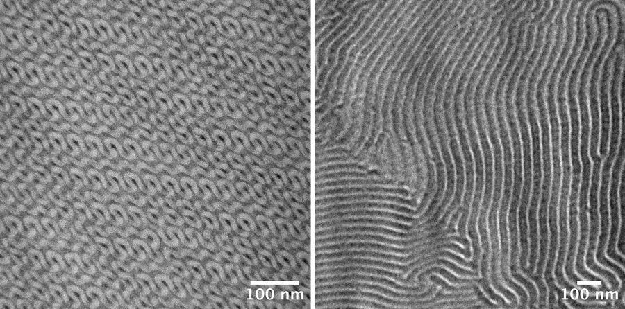 TEM micrographs of poly(styrene)-b-poly(methyl methacrylate). Left: Standard TEM micrograph without phase contrast. Right: Same image position with phase contrast.