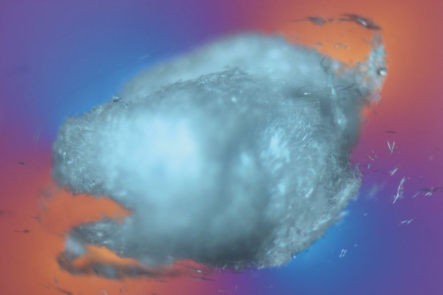 Felt-like aggregate of recrystallized tin oxide is seen here. Another example of a glass inclusion with strong photoelasticity in the surrounding glass. Image was acquired with transmitted light, polarisation contrast, a lambda plate, and oblique incident illumination using a HC PL Fluotar 10x Pol objective. The image width is 1 mm.