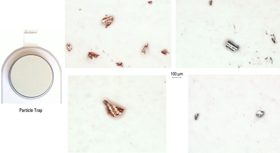 Fig. 2: Example of an active particle trap that could be used for technical cleanliness during battery production and images of particles which have been detected on the trap surface.