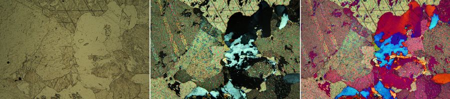 Carbonatite volcanic rock imaged with Left) parallel polarizers, Middle) crossed polarizers only, and Right) crossed polarizers and a lambda plate. Images were acquired with the Visoria P microscope using a 10x, 0.3 NA Plan Fluotar objective and the K5C digital microscope camera.