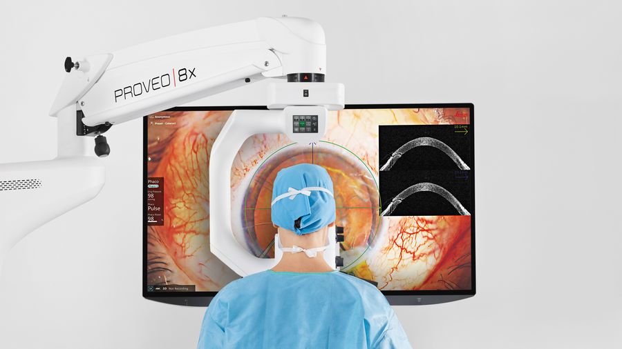 An ophthalmic surgeon performing a 3D heads-up cataract surgery with the Proveo 8x digital microscope and C-arm design, demonstrating reduced neck strain.