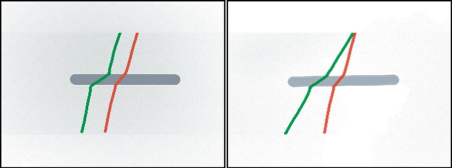 Left image: Chromatic aberration of the sapphire using a standard glass-corrected objective. Right image: Sapphire-corrected objective removes the chromatic aberration of the sapphire.
