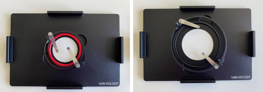 Live-cell imaging specimen holders. There are holders available for different sizes of Petri dishes. Live-cell imaging can also be done with the classical slide holder (not shown), e.g., using ibidi µ-Slide 8 Well slides.