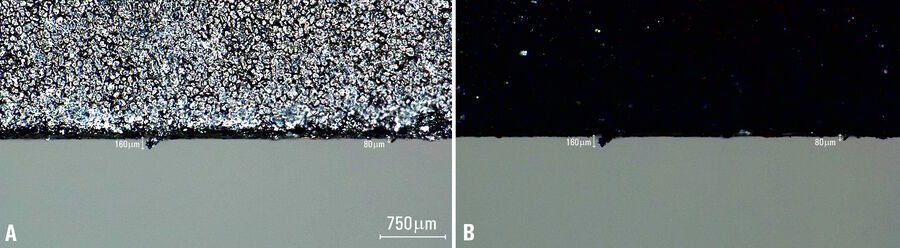 Fig. 4: Determining the length of burrs at the edges of a battery electrode: Image of the burrs acquired with a DVM6 digital microscope using only a ring light (A) and a ring light with crossed polarizers to reduce glare (B).